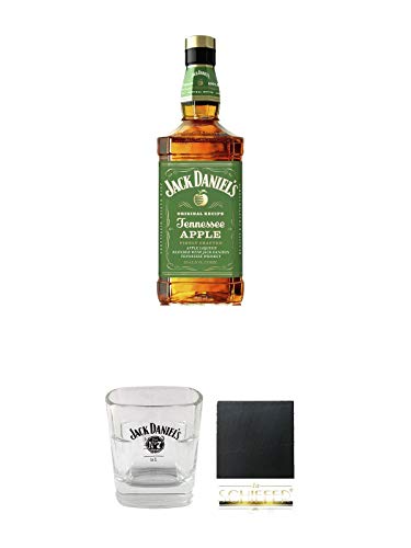 Jack Daniels APPLE 35% 0,7 Liter + Jack Daniels No. 7 Glas mit Eichstrich 2 und 4 cl 1 Stück + Schiefer Glasuntersetzer eckig ca. 9,5 cm Durchmesser von 1a Schiefer