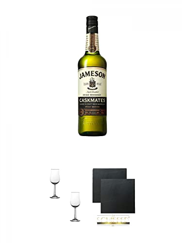 Jameson Stout Edition Caskmates 0,7 Liter + Nosing Gläser Kelchglas Bugatti mit Eichstrich 2cl und 4cl - 2 Stück + Schiefer Glasuntersetzer eckig ca. 9,5 cm Ø 2 Stück von 1a Schiefer