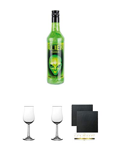 Krugmann Alien Sternfrucht Glitzerlikör 0,7 Liter + Nosing Gläser Kelchglas Bugatti mit Eichstrich 2cl und 4cl 2 Stück + Schiefer Glasuntersetzer 2 Stück von 1a Schiefer