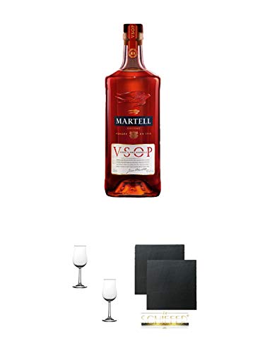 Martell VSOP Cognac Frankreich 0,7 Liter + Nosing Gläser Kelchglas Bugatti mit Eichstrich 2cl und 4cl - 2 Stück + Schiefer Glasuntersetzer eckig ca. 9,5 cm Ø 2 Stück von 1a Schiefer