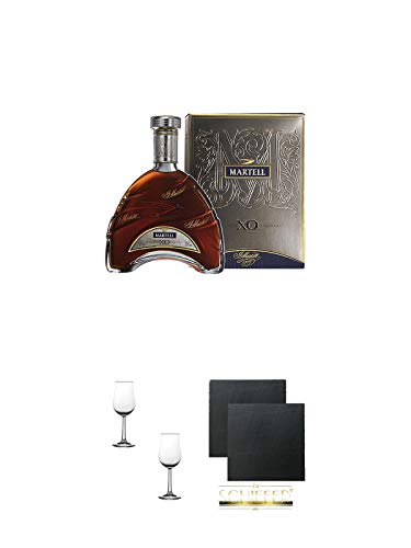 Martell XO Extra Old Cognac in Geschenkpackung Frankreich 0,7 Liter + Nosing Gläser Kelchglas Bugatti mit Eichstrich 2cl und 4cl - 2 Stück + Schiefer Glasuntersetzer eckig ca. 9,5 cm Ø 2 Stück von 1a Schiefer