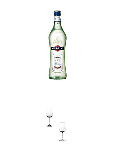 Martini Bianco Vermouth 0,75 Liter + Nosing Gläser Kelchglas Bugatti mit Eichstrich 2cl und 4cl - 2 Stück von 1a Schiefer