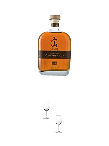 Marzadro Grappa GIARE Chardonnay 0,7 Liter + Nosing Gläser Kelchglas Bugatti mit Eichstrich 2cl und 4cl - 2 Stück von 1a Schiefer