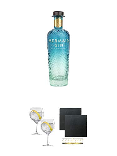 Mermaid Gin Isle of Wright 0,7 Liter + Spiegelau Gin & Tonic 4390179 2 Gläser + Schiefer Glasuntersetzer eckig ca. 9,5 cm Ø 2 Stück von 1a Schiefer