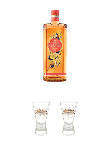 Miamee Orange Goldwasser Likör 0,7 Liter + Der Lachs Danziger Goldwasser Shotglas 2 cl 1 Stück + Der Lachs Danziger Goldwasser Shotglas 2 cl 1 Stück von 1a Schiefer