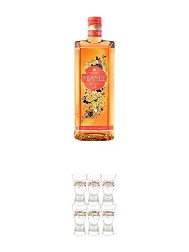 Miamee Orange Goldwasser Likör 0,7 Liter + Der Lachs Danziger Goldwasser Shotglas 2 cl 6 Stück von 1a Schiefer