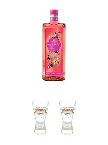 Miamee ROUGE Goldwasser Likör 0,7 Liter + Der Lachs Danziger Goldwasser Shotglas 2 cl 1 Stück + Der Lachs Danziger Goldwasser Shotglas 2 cl 1 Stück von 1a Schiefer