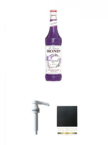 Monin Lavendel Sirup 0,7 Liter + Monin Dosier Pumpe für 0,7 & 1,0 Literflasche + Schiefer Glasuntersetzer eckig ca. 9,5 cm Durchmesser von 1a Schiefer