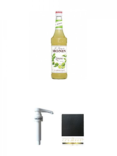 Monin Limone Sirup 0,7 Liter + Monin Dosier Pumpe für 0,7 & 1,0 Literflasche + Schiefer Glasuntersetzer eckig ca. 9,5 cm Durchmesser von 1a Schiefer