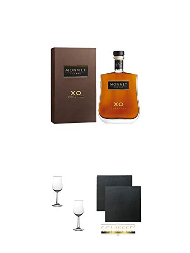 Monnet Cognac XO 0,7 Liter + Nosing Gläser Kelchglas Bugatti mit Eichstrich 2cl und 4cl - 2 Stück + Schiefer Glasuntersetzer eckig ca. 9,5 cm Ø 2 Stück von 1a Schiefer