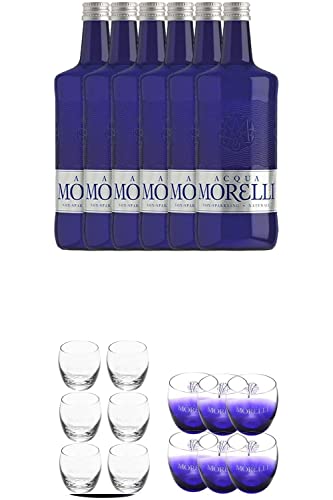Morelli STILLES Wasser 6 x 0,75 Liter + Morelli Wassergläser durchsichtig 6 Stk.+ Morelli Leonardo Wassergläser blau 6 Stk. von 1a Schiefer