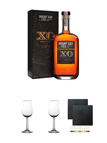 Mount Gay Extra Old Rum Barbardos 0,7 Liter + Nosing Gläser Kelchglas Bugatti mit Eichstrich 2cl und 4cl 2 Stück + Schiefer Glasuntersetzer eckig ca. 9,5 cm Ø 2 Stück von 1a Schiefer