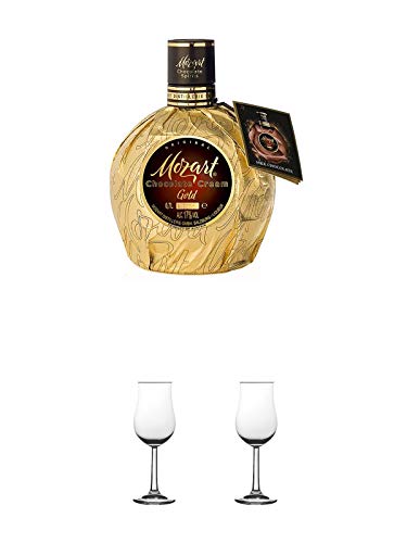 Mozart Liqueur Original Gold Milchschokolade Österreich 0,5 Liter + Nosing Gläser Kelchglas Bugatti mit Eichstrich 2cl und 4cl 2 Stück von 1a Schiefer