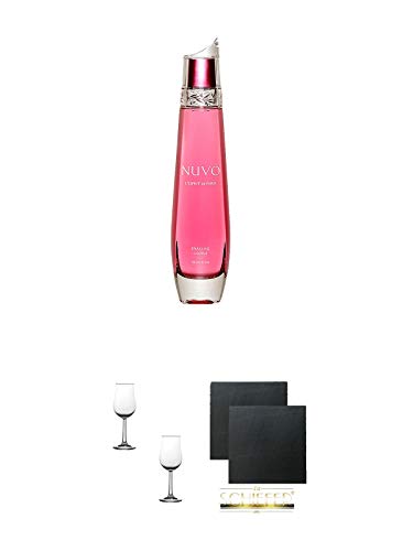 Nuvo Vodka Sparkling Likör 0,7 Liter + Nosing Gläser Kelchglas Bugatti mit Eichstrich 2cl und 4cl - 2 Stück + Schiefer Glasuntersetzer eckig ca. 9,5 cm Ø 2 Stück von 1a Schiefer