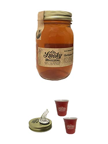 Ole Smoky Moonshine Apple Pie (40 proof) im 0,5 Liter Glas + Ole Smoky Ausgiesser + Ole Smoky Shot Becher rot 2 Stück von 1a Schiefer