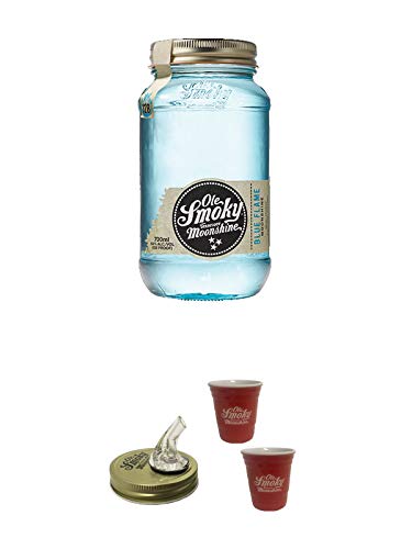 Ole Smoky Moonshine Blue Flame (128 proof) 0,7 Liter MAGNUM + Ole Smoky Ausgiesser + Ole Smoky Shot Becher rot 2 Stück von 1a Schiefer