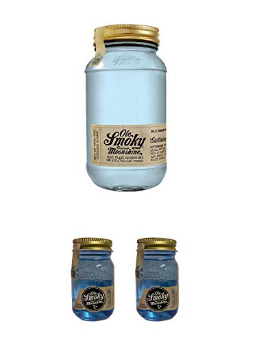 Ole Smoky Moonshine Blue Flame (128 proof) im 0,5 Liter Glas + Ole Smoky Moonshine Blue Flame (128 proof) 0,05 Liter Miniatur + Ole Smoky Moonshine Blue Flame (128 proof) 0,05 Liter Miniatur von 1a Schiefer