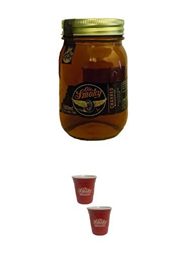 Ole Smoky Moonshine CHARRED (103 proof) im 0,5 ltr. Glas + Ole Smoky Shot Becher rot 2 Stück von 1a Schiefer