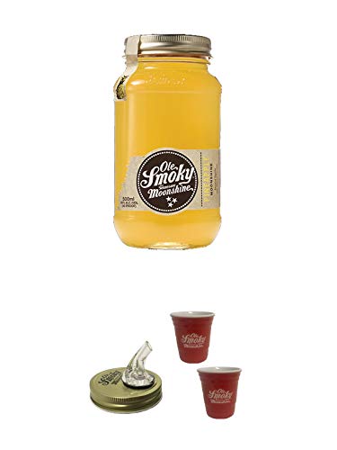 Ole Smoky Moonshine Pineapple 20% im 0,5 Liter Glas + Ole Smoky Ausgiesser + Ole Smoky Shot Becher rot 2 Stück von 1a Schiefer