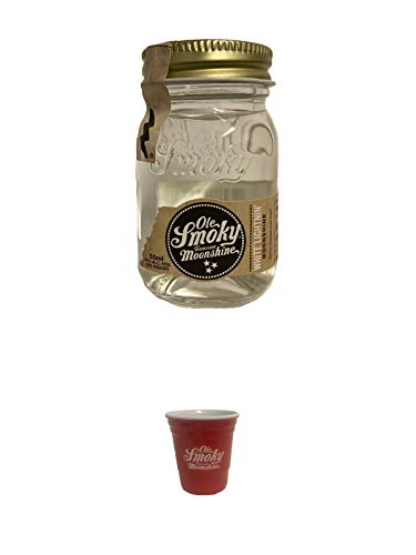 Ole Smoky Moonshine White Lightnin (100 proof) im 0,05 Liter Miniatur + Ole Smoky Shot Becher rot 1 Stück von 1a Schiefer