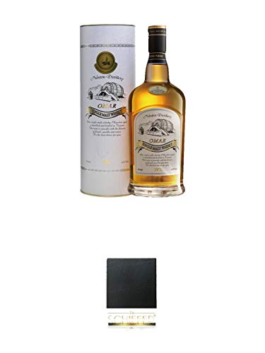 Omar Bourbon Cask Finish Single Malt Whisky Taiwan 0,7 Liter + Schiefer Glasuntersetzer eckig ca. 9,5 cm Durchmesser von 1a Schiefer