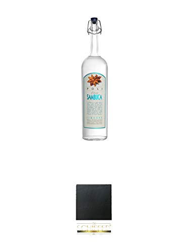 POLI ELISIR SAMBUCA 0,7 Liter + Schiefer Glasuntersetzer eckig ca. 9,5 cm Durchmesser von 1a Schiefer