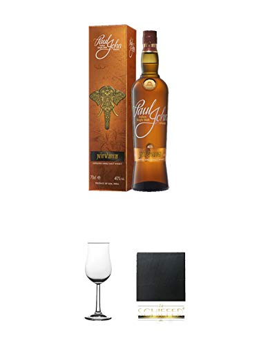 Paul John Nirvana Single Malt Whisky Indien in Geschenkpackung 0,7 Liter + Nosing Gläser Kelchglas Bugatti mit Eichstrich 2cl und 4cl 1 Stück + Schiefer Glasuntersetzer eckig ca. 9,5 cm Durchmesser von 1a Schiefer