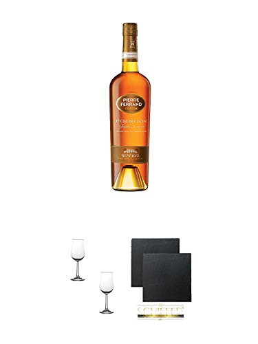 Pierre Ferrand Reserve Cognac 0,7 Liter + Nosing Gläser Kelchglas Bugatti mit Eichstrich 2cl und 4cl - 2 Stück + Schiefer Glasuntersetzer eckig ca. 9,5 cm Ø 2 Stück von 1a Schiefer