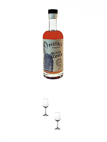 Pistole Butterscotch Likör 18% 0,5 Liter + Nosing Gläser Kelchglas Bugatti mit Eichstrich 2cl und 4cl - 2 Stück Pistole Butterscotch Likör 18% 0,5 Liter + Nosing Gläser Kelchglas Bugatti mit Eichstrich 2cl und 4cl - 2 Stück von 1a Schiefer