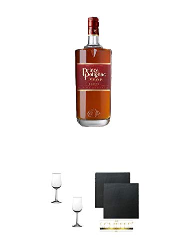 Polignac Cognac VS0P Frankreich 0,7 Liter + Nosing Gläser Kelchglas Bugatti mit Eichstrich 2cl und 4cl - 2 Stück + Schiefer Glasuntersetzer eckig ca. 9,5 cm Ø 2 Stück von 1a Schiefer