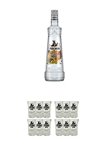 Puschkin Nuts & Nougat 0,7 Liter + Puschkin Shotglas mit Eichstrich 6 Stück + Puschkin Shotglas mit Eichstrich 6 Stück von 1a Schiefer