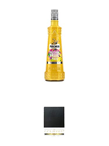 Puschkin Passionfruit Yuzu 0,7 Liter + Schiefer Glasuntersetzer eckig ca. 9,5 cm Durchmesser von 1a Schiefer