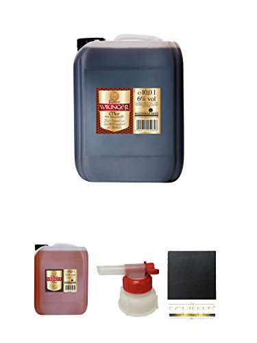ROTER Wikinger Met 10 Liter Kanister + Wikinger Met Behn 10 Liter Kanister Honigwein + Pumpe für Wikinger Met Kanister + Schiefer Glasuntersetzer eckig ca. 9,5 cm Durchmesser von 1a Schiefer