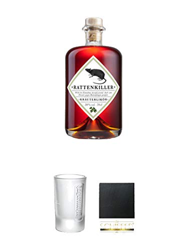 Rattenkiller Kräuterlikör 0,7 Liter + Jägermeister Frozen Club Shot Glas 2 cl 1 Stück + Schiefer Glasuntersetzer eckig ca. 9,5 cm Durchmesser von 1a Schiefer