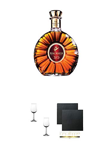 Remy Martin XO Cognac Frankreich 0,7 Liter + Nosing Gläser Kelchglas Bugatti mit Eichstrich 2cl und 4cl - 2 Stück + Schiefer Glasuntersetzer eckig ca. 9,5 cm Ø 2 Stück von 1a Schiefer