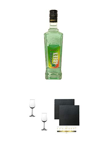 Rodnik's Absinthe Green Cannabis 0,7 Liter + Nosing Gläser Kelchglas Bugatti mit Eichstrich 2cl und 4cl - 2 Stück + Schiefer Glasuntersetzer eckig ca. 9,5 cm Ø 2 Stück von 1a Schiefer