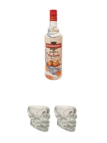 Rushkinoff Vodka & Caramel 1,0 Liter + Crystal Head Totenkopf aus Glas 1 Stück 29 ml + Crystal Head Totenkopf aus Glas 1 Stück 29 ml von 1a Schiefer