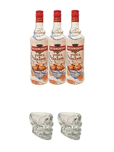 Rushkinoff Vodka & Caramello 3 x 1,0 Liter + Crystal Head Totenkopf aus Glas 1 Stück 29 ml + Crystal Head Totenkopf aus Glas 1 Stück 29 ml von 1a Schiefer