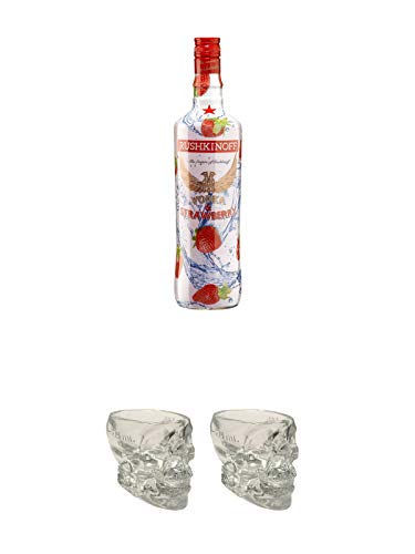 Rushkinoff Vodka & STRAWBERRY 1,0 Liter + Crystal Head Totenkopf aus Glas 1 Stück 29 ml + Crystal Head Totenkopf aus Glas 1 Stück 29 ml von 1a Schiefer