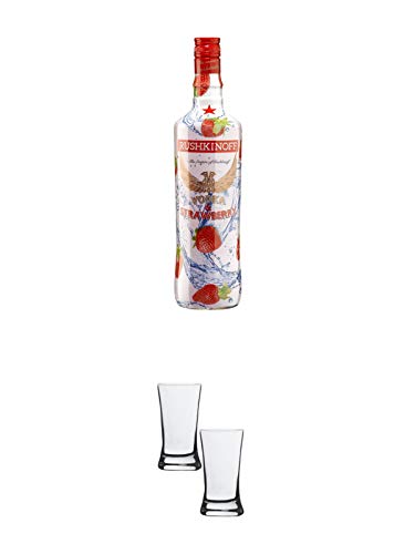 Rushkinoff Vodka & STRAWBERRY 1,0 Liter + Stölzle Shotglas/Stamper 2 Stück 2050021 von 1a Schiefer
