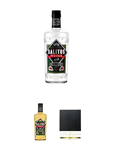 Salitos Tequila Silver Mexico 0,7 Liter + Salitos Tequila Gold Mexico 0,7 Liter + Schiefer Glasuntersetzer eckig ca. 9,5 cm Durchmesser von 1a Schiefer