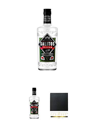 Salitos Tequila Silver Mexico 0,7 Liter + Salitos Tequila Silver Mexico 0,7 Liter + Schiefer Glasuntersetzer eckig ca. 9,5 cm Durchmesser von 1a Schiefer