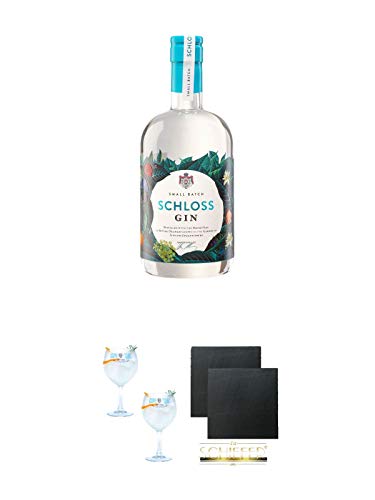 Schloss (Johannisberg) Small Batch Gin 0,5 Liter + Gin Sul Copo Ballon Glas 2 Stück + Schiefer Glasuntersetzer eckig ca. 9,5 cm Ø 2 Stück von 1a Schiefer