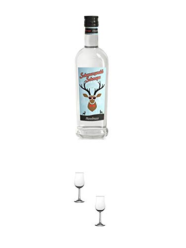 Schwarzwald Schnaps Haselnuss Weiß 38% 0,5 Liter + Nosing Gläser Kelchglas Bugatti mit Eichstrich 2cl und 4cl - 2 Stück von 1a Schiefer