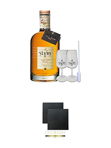 Slyrs Bavarian Whisky Deutschland 0,7 Liter + 2 Slyrs Whisky Gläser + 1 Pipette + Schiefer Glasuntersetzer eckig ca. 9,5 cm Ø 2 Stück von 1a Schiefer