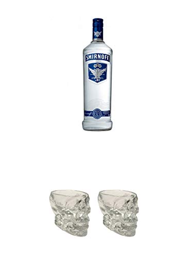 Smirnoff Vodka Blue Label 1,0 Liter + Wodka Totenkopf aus Glas 1 Stück 29 ml + Wodka Totenkopf aus Glas 1 Stück 29 ml von 1a Schiefer