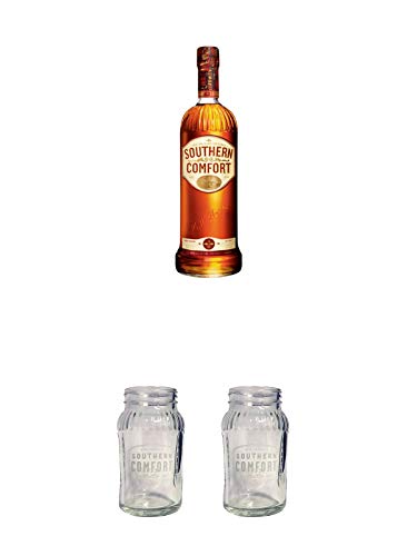 Southern Comfort Whiskylikör 1,0 Liter + Southern Comfort Glas mit Eichstrich Marmeladenglas + Southern Comfort Glas mit Eichstrich Marmeladenglas von 1a Schiefer