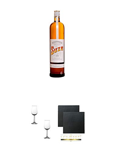 Suze Aperitif 1,0 Liter + Nosing Gläser Kelchglas Bugatti mit Eichstrich 2cl und 4cl - 2 Stück + Schiefer Glasuntersetzer eckig ca. 9,5 cm Ø 2 Stück von 1a Schiefer