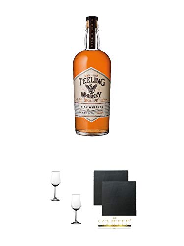 Teeling Single - GRAIN - 0,7 Liter + Nosing Gläser Kelchglas Bugatti mit Eichstrich 2cl und 4cl - 2 Stück + Schiefer Glasuntersetzer eckig ca. 9,5 cm Ø 2 Stück von 1a Schiefer