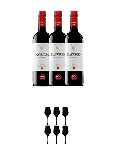 Torres Miguel Spanien NATUREO Alkoholfrei ROT Wein 3 x 0,75 Liter + Blind Tastinglas für Wein Exquisit 6 Gläser - 1477402 von 1a Schiefer